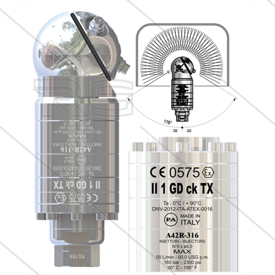 A42R-316 ATEX - selbstdrehender Tankreiniger - NSF / FDA genehmigt - 40 bis 140 Bar - 20 bis